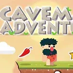 A colorful video game title screen featuring a cartoon caveman character standing on a platform with various icons like a star, chili pepper, and potion, under the bold text Caveman Adventure