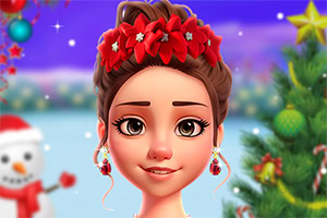 Portrait of a smiling woman with a red flower crown and earrings, framed by snowy Christmas trees, ornaments, and a snowman