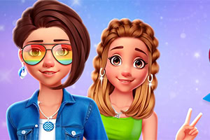 Two young women are smiling and posing for the camera; one has dark hair and colorful sunglasses, while the other has blonde hair styled in braids, both wearing stylish outfits and accessories against a vibrant, sparkling background