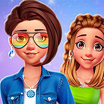 Two young women are smiling and posing for the camera; one has dark hair and colorful sunglasses, while the other has blonde hair styled in braids, both wearing stylish outfits and accessories against a vibrant, sparkling background