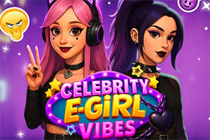 Two young women with distinct hairstyles—one with pink hair and another with dark hair—are posed together, wearing headphones and stylish outfits, against a vibrant purple background adorned with stars and playful emojis