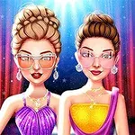 Two glamorous animated women in stylish outfits and oversized glasses pose against a colorful stage backdrop with dramatic lighting, exuding confidence and elegance