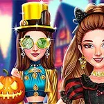 Two stylish characters dressed for Halloween, one wearing a top hat and sunglasses, and the other in a black and red dress with cat ears, set against a colorful, spooky backdrop featuring a pumpkin and cobwebs