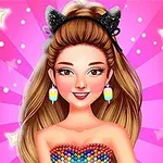 A stylized cartoon girl with long hair, wearing a colorful beaded outfit and cat-ear headband, against a bright pink background featuring stars, exudes a playful and trendy vibe