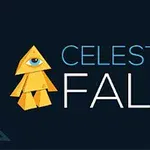 The image features the text Celestial Fall alongside a stylized yellow pyramid character with an eye and geometric shapes, all set against a dark background