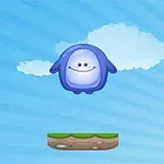 A cute, rounded purple character with a smiling face floats above a grassy platform against a bright blue sky with soft white clouds