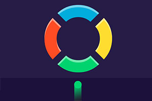 A colorful circular logo with segments in red, orange, yellow, green, and blue against a dark background