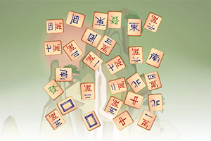 Scattered mahjong tiles with colorful Chinese characters floating against a soft green background