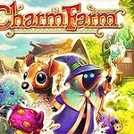 The image features colorful, whimsical characters from the game Charm Farm, including a wizard, a cute animal, and various magical elements set in a vibrant farm landscape