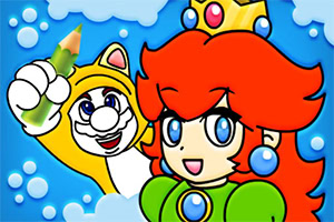 Colorful cartoon of a red-haired princess in a crown with a smiling cat-suited character holding a pencil against a bubbly blue background