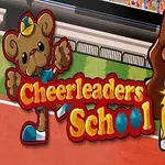 The image features a colorful logo for a game called Cheerleaders School, showcasing a cartoon bear mascot and a cheerful girl holding pom-poms, set against a sports field background