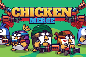 Cartoon chickens in helmets and bandanas holding large guns under a bold CHICKEN MERGE title with weapons pointing in from both sides on a green background