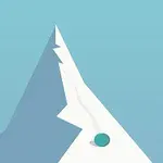 A minimalist illustration of a sharp mountain peak with a small turquoise ball rolling down a snowy slope against a blue background