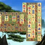 A traditional Mahjong tile layout displayed against a scenic background with mountains and trees, featuring colorful tiles marked with Chinese characters and symbols