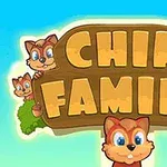 A playful cartoon graphic featuring the text Chip Family on a wooden sign, surrounded by cheerful squirrels with large eyes, set against a bright blue background