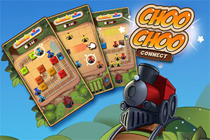 A colorful illustration featuring a cartoon-style red train on a winding track, accompanied by three gameplay screens showcasing a grid filled with various colorful game pieces and icons against a bright blue sky and green landscape