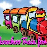 A colorful, cartoon-style train with vibrant carriages set against a green landscape and blue sky, featuring the text Choochoo Train for Kids in playful pink font