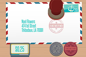 A colorful envelope addressed to Noel Flowers, featuring various postage stamps and seals, along with a REJECTED stamp, set against a wooden background