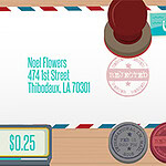 A colorful envelope addressed to Noel Flowers, featuring various postage stamps and seals, along with a REJECTED stamp, set against a wooden background