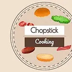 A graphic design featuring the text Chopstick Cooking surrounded by colorful illustrated food items, including vegetables and various meats, all set against a light beige background