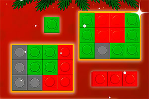 A festive red background featuring two grids composed of colorful blocks in green, red, and gray, with a sprig of leaves at the top