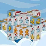 A colorful tower of domino-like tiles featuring festive illustrations such as gingerbread men, snowmen, bells, lightning bolts, and candy canes set against a light blue winter-themed background