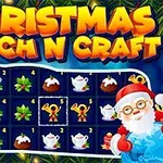 A festive game titled Christmas Match N Craft, featuring a grid of holiday-themed items like cups, holly, and ornaments, with a cheerful Santa Claus illustration on the side