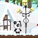 A cute cartoon panda stands beside a decorative lantern post in a snowy landscape featuring a quaint house, colorful candy, and a serene winter forest setting