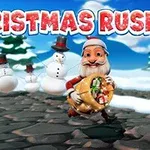 A cheerful cartoon Santa Claus runs with a colorful sack of gifts, snowmen in top hats appear in the background, set against a snowy landscape with trees and a bright blue sky, under the festive title Christmas Rush