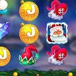 This image features a colorful slot machine game display with Christmas-themed icons, including ornaments, Santa Claus, hats, and crystals against a festive background