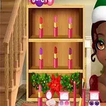 A digital game interface featuring a character with curly hair wearing a festive Santa hat, surrounded by various lipstick shades and makeup items, set in a cozy room with a Christmas tree and holiday decorations