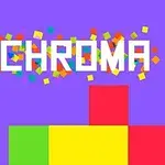 A vibrant graphic featuring the word CHROMA in bold white letters against a purple background, with colorful confetti and geometric blocks in red, green, and yellow at the bottom