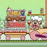 A colorful cartoon train decorated with cakes and desserts, featuring a pig chef and the title CHU CHOO CAKE in bold letters, set against a kitchen background