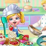 A cheerful scene in a colorful kitchen featuring a young girl in a chef hat and an adult woman, likely a mentor, baking cupcakes and preparing ingredients like strawberries and milk on a countertop filled with various baking supplies