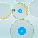 A colorful game interface featuring numbered circles, directional arrows, and various icons moving within the circles, indicating an interactive gameplay mechanic