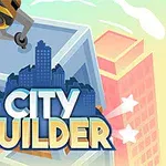 A colorful graphic featuring a crane lifting a building block over a city skyline with the text City Builder prominently displayed