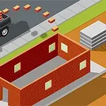 An illustration of a construction site featuring a truck loaded with bricks next to an unfinished brick building on a concrete foundation with windows