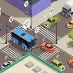 An isometric view of a busy urban intersection featuring a blue bus, various cars, traffic signals, and a wireless signal indicator, surrounded by green trees and buildings