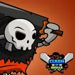 A cartoon skeleton wearing a hooded cloak and holding a large hammer, set against an orange background, with the logo for Clash of Skulls featured at the bottom