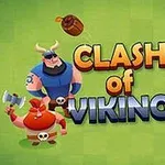 A colorful illustration featuring three cartoon Viking characters engaged in battle-like poses, surrounded by weapons and the title Clash of Vikings prominently displayed