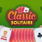 The image features a colorful logo for Classic Solitaire with playing cards, including a king, queen, and various card designs, set against a vibrant green background decorated with hearts and spades