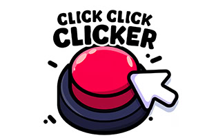 A large red button sits on a dark base, accompanied by a hand cursor icon and the bold text CLICK CLICK CLICKER in a playful font above it