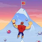 A muscular man climbs a snowy mountain towards a flag at the summit, surrounded by rocks and gems under a colorful sunset sky