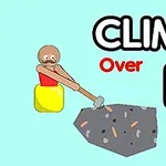 A cartoon character with a yellow base is seen using a hammer to climb over a large rock, accompanied by the bold text CLIMB Over IT against a light blue background