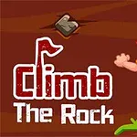 A cartoon character is climbing a rock wall with colorful gameplay graphics, featuring the title Climb The Rock prominently displayed