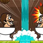 Two cartoon characters with exaggerated expressions sitting on toilets, facing each other, with a water splash and a coconut-like object overhead, suggesting a humorous or playful scene