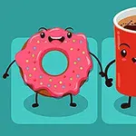 A cute cartoon-style donut with pink icing and sprinkles stands next to a smiling red coffee mug, both with arms and cheerful expressions against a teal background