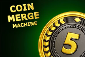 Gold coin with a large number 5 beside the text COIN MERGE MACHINE on a dark green background