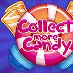 A colorful graphic featuring a large circular candy with Collect more Candy text, surrounded by smaller candy pieces against a vibrant blue background