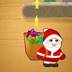 A cheerful cartoon Santa Claus stands beside a box filled with colorful gifts, under a conveyor belt with stars falling in a festive holiday setting